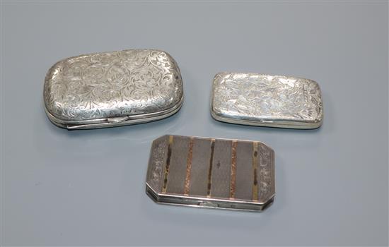 Two silver cigarette cases including engraved Victorian and a continental white metal snuff box.